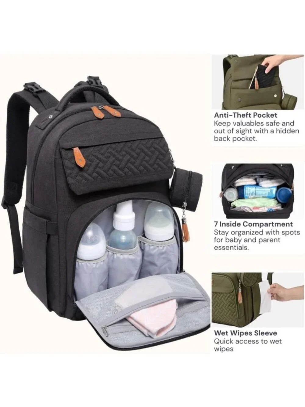 Large Waterproof Diaper Bag Backpack with Changing Pad, Stroller Clips